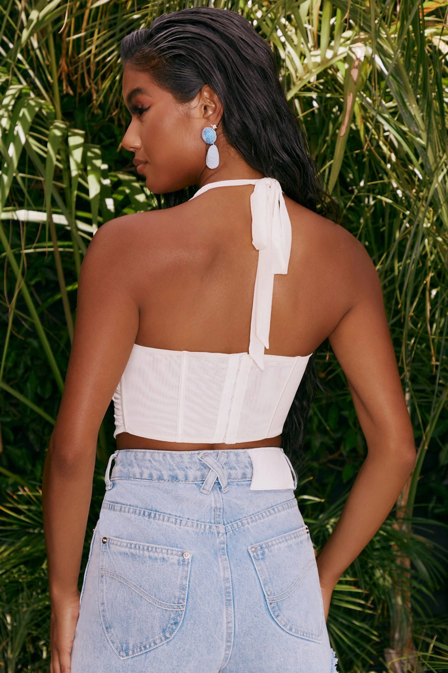 Halter Neck Mesh Crop Top In Cream - Image 2