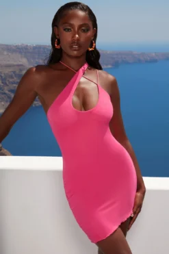 Asymmetric Keyhole Mini Dress In Pink