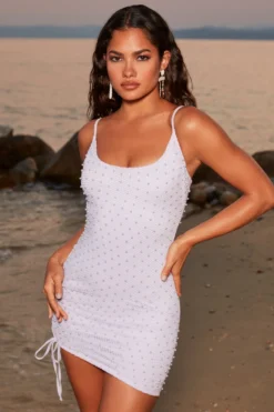 Beaded Crochet Mini Dress In Lilac