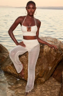 Beaded Flare Trousers In Ivory
