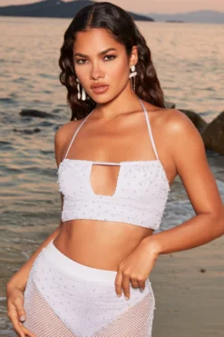 Beaded Crochet Crop Top In Lilac