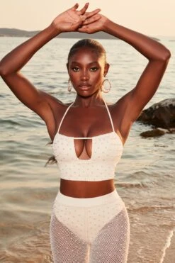 Beaded Crochet Crop Top In Ivory