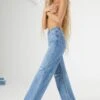 Petite Cut Out Wide Leg Jeans In Medium Blue Wash
