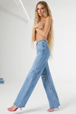 Petite Cut Out Wide Leg Jeans In Medium Blue Wash