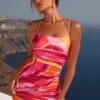 Ruched Satin Mini Dress In Pink Print