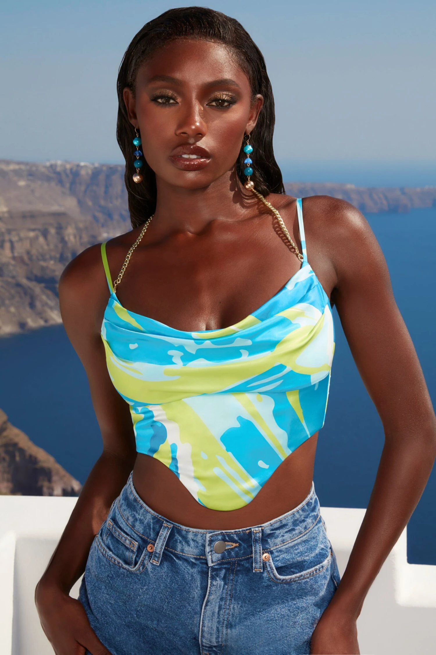 Halter Chain Crop Top In Blue Print - Image 7