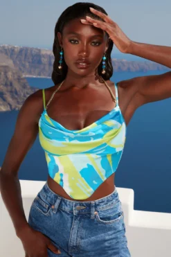 Halter Chain Crop Top In Blue Print