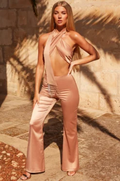 Crossover Tassel Halter Jumpsuit In Mocha