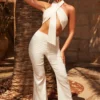 Crossover Tassel Halter Jumpsuit In Ivory