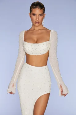 Embellished Cowl Neck Crop Top In Ivory