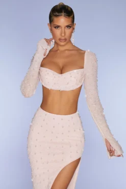 Embellished Cowl Neck Crop Top In Blush