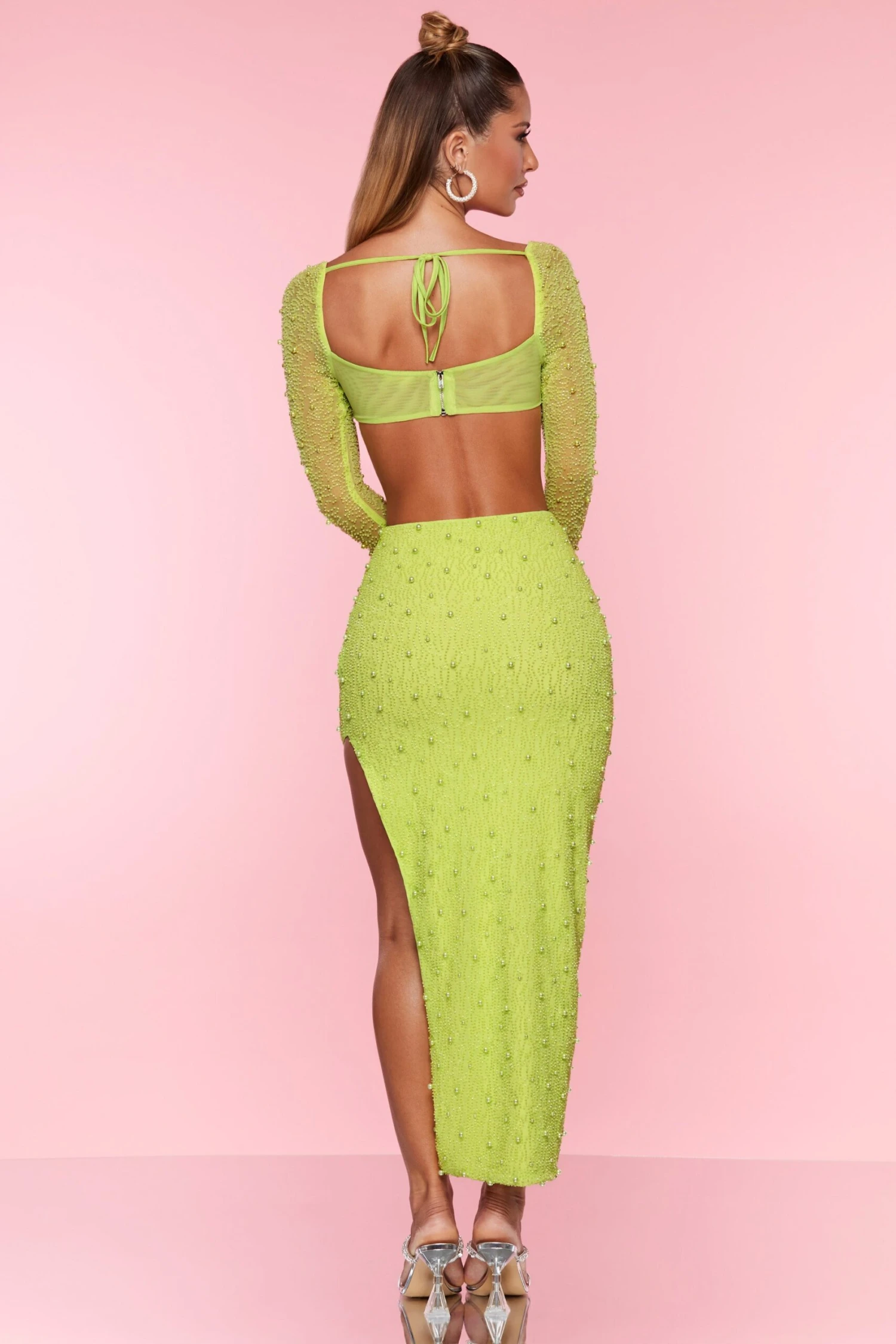 Embellished Cowl Neck Crop Top In Lime - Image 2