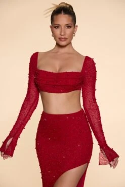 Embellished Cowl Neck Crop Top In Red