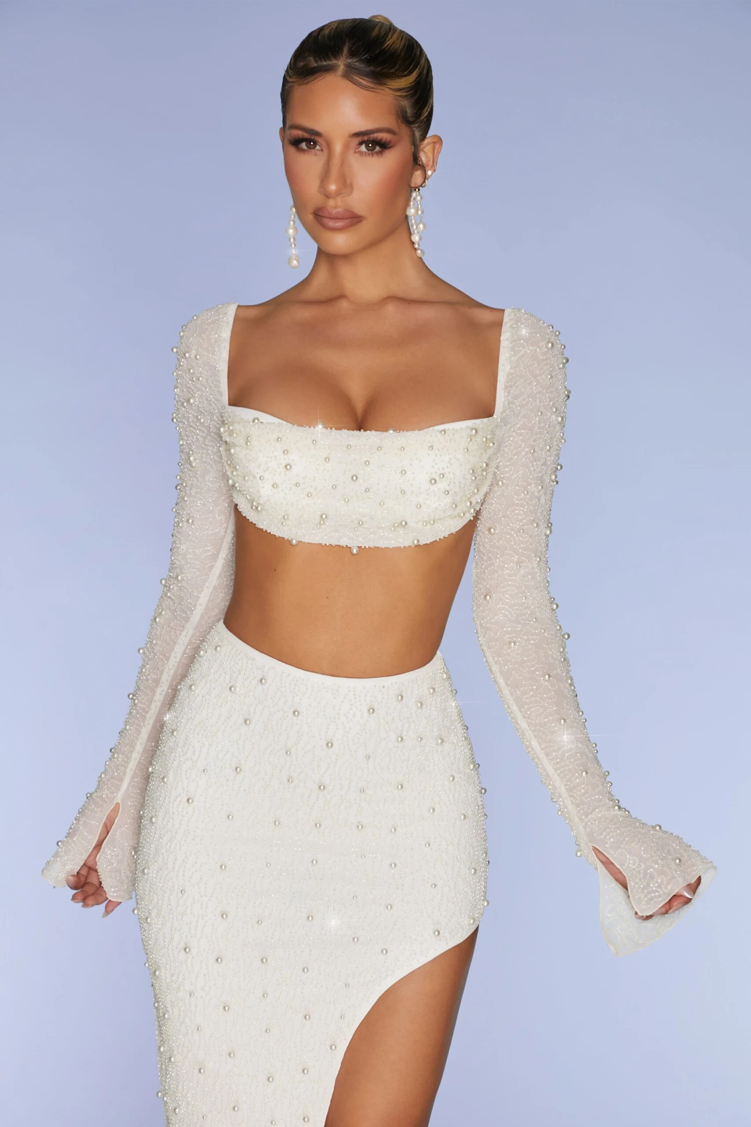 Embellished Cowl Neck Crop Top In Ivory - Image 6