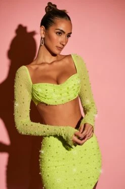 Embellished Cowl Neck Crop Top In Lime