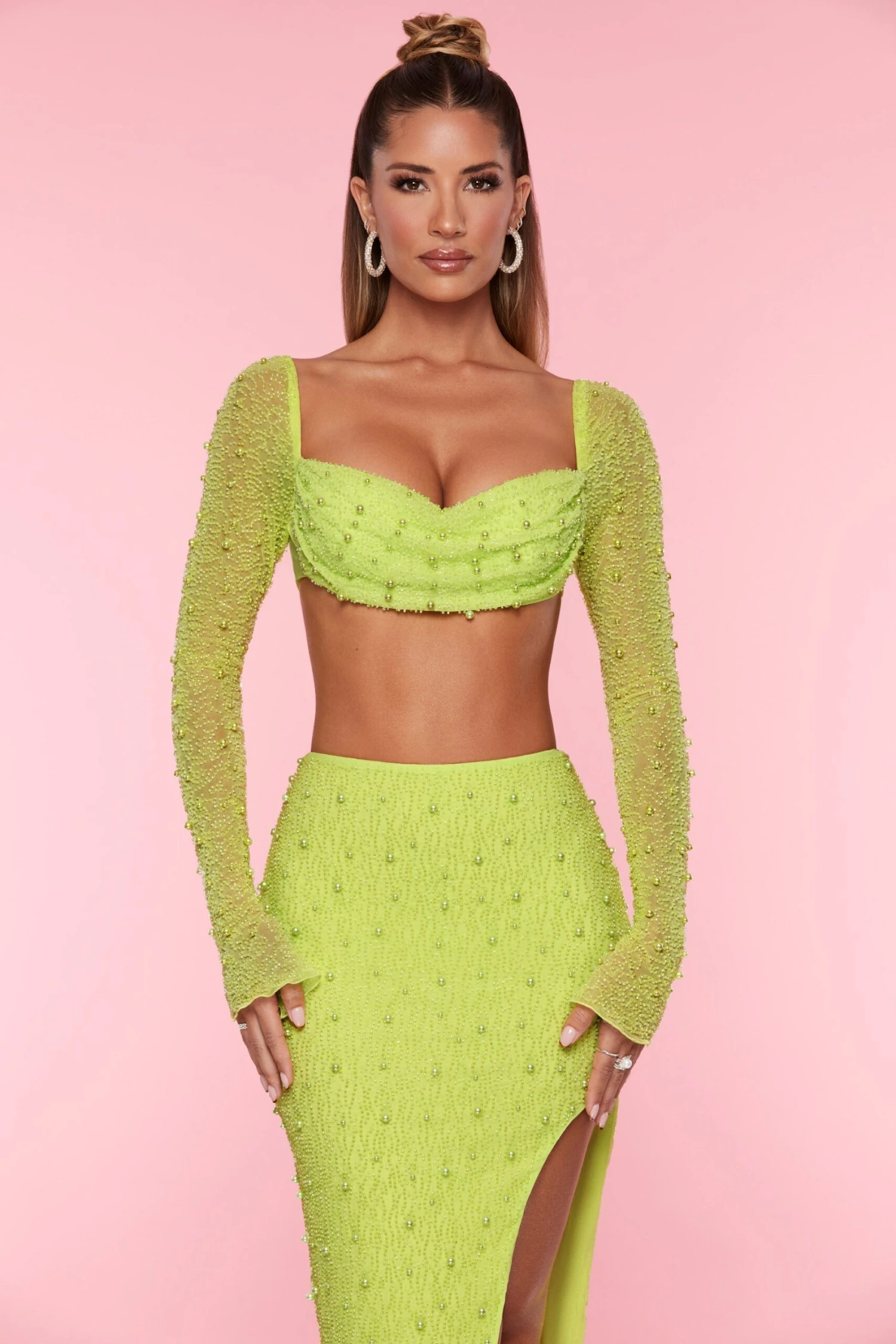 Embellished Cowl Neck Crop Top In Lime - Image 7