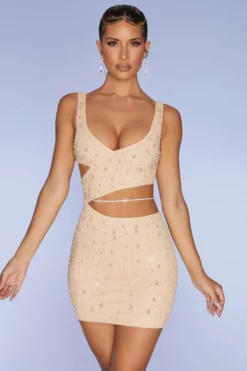 Embellished Cut Out Mini Dress In Sand