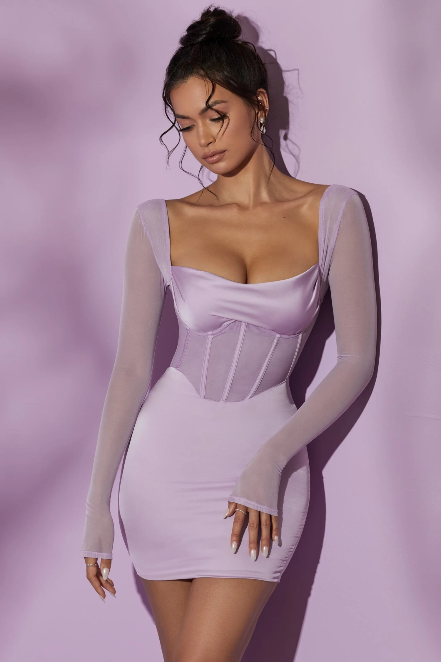 Long Sleeve Mesh Corset Mini Dress In Lilac - Image 6