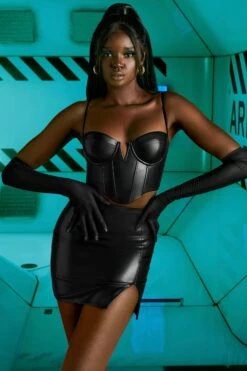 Faux Leather Thigh Split Mini Skirt In Black