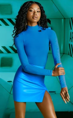 High Neck Mesh Bodysuit In Blue