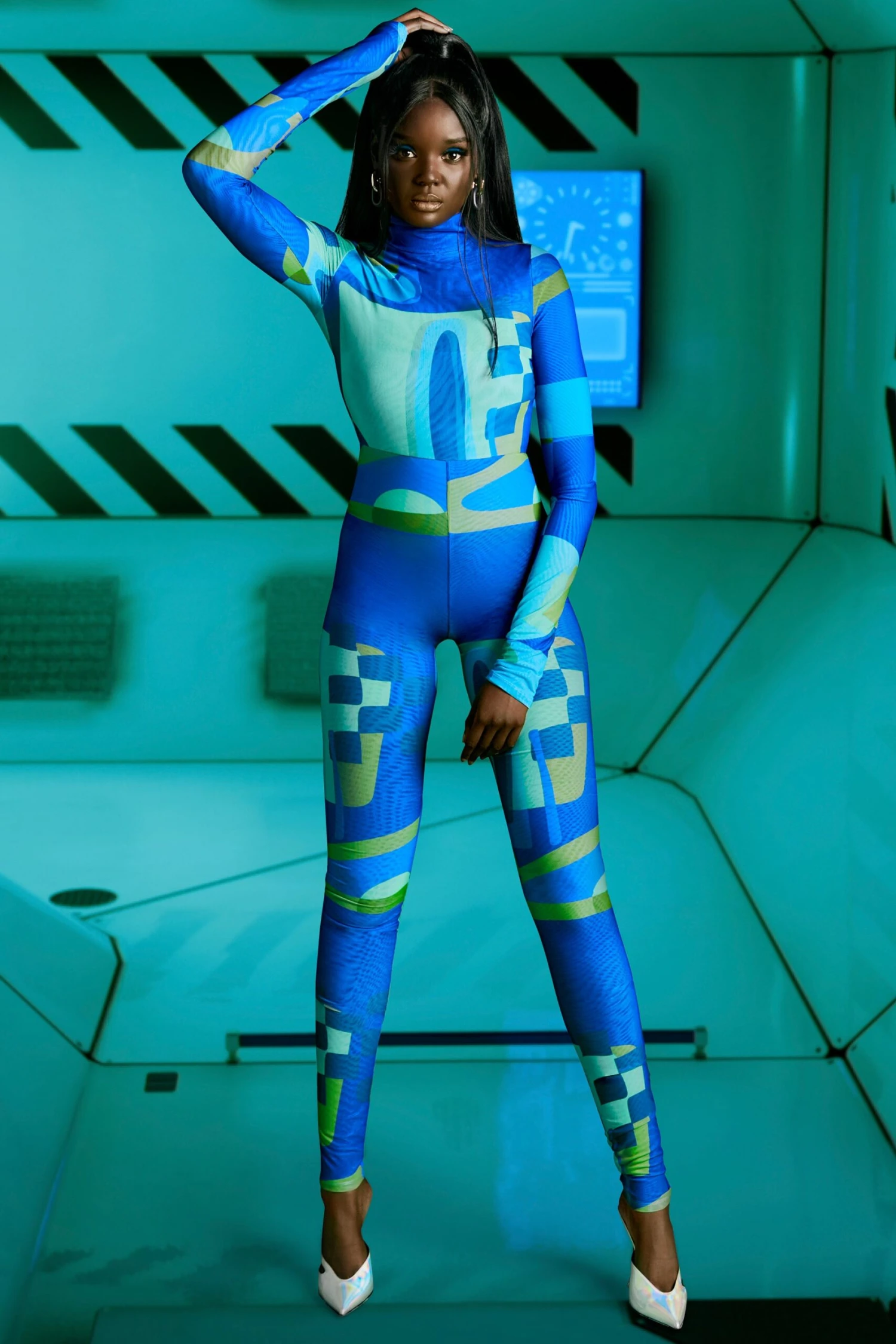 High Vibrations High Neck Long Sleeve Jumpsuit In Blue Print