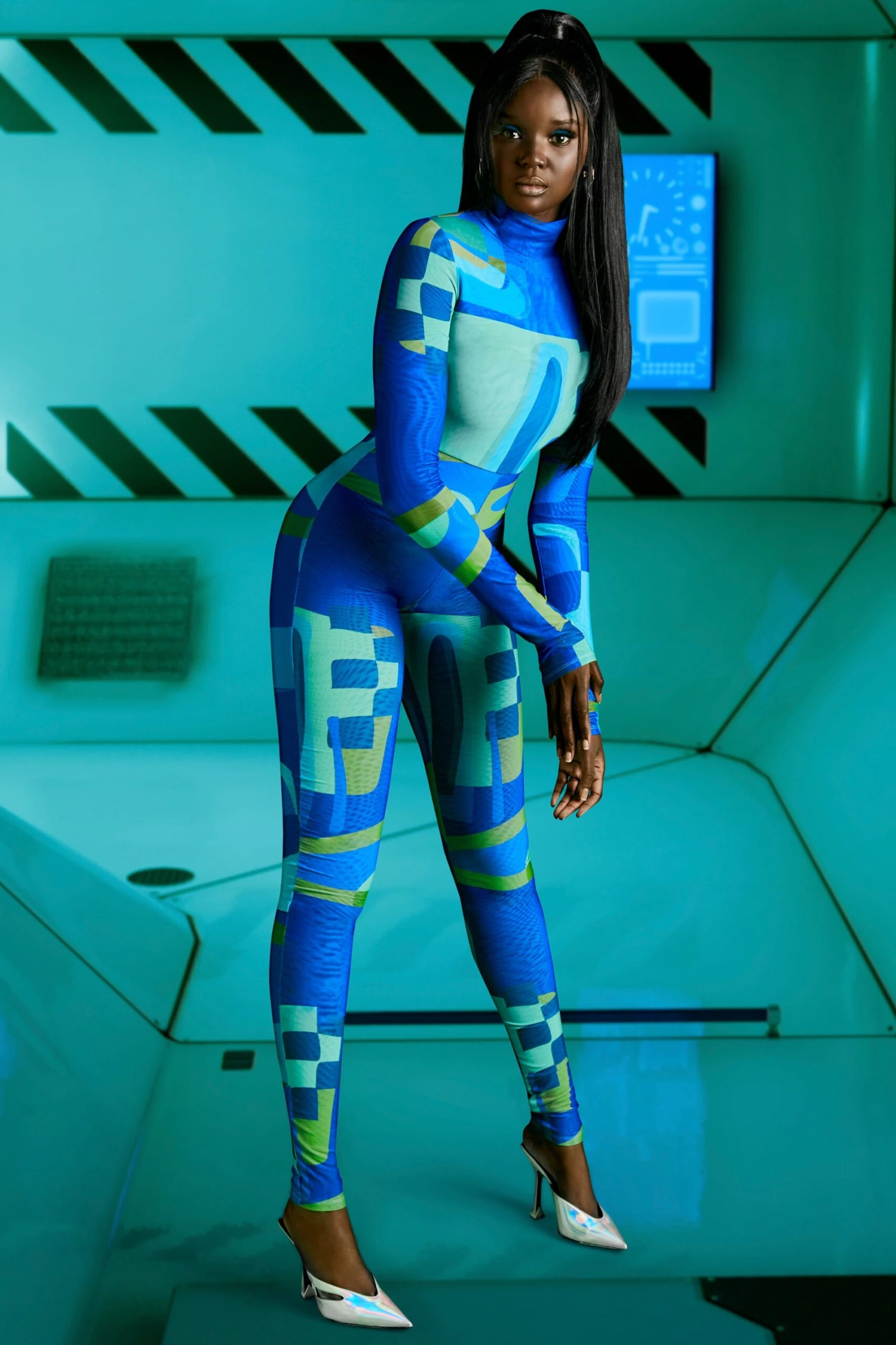 High Vibrations High Neck Long Sleeve Jumpsuit In Blue Print - Image 5