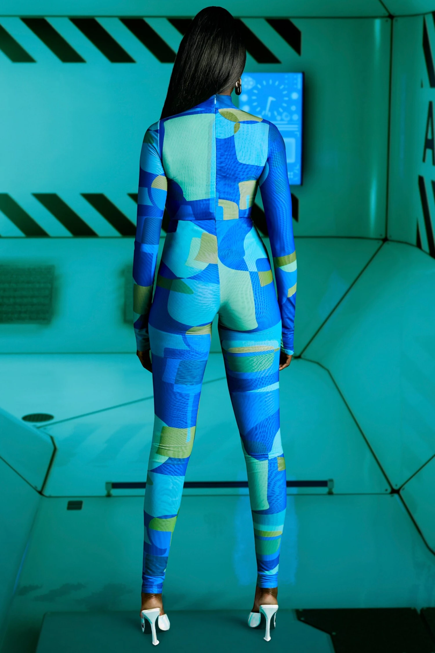 High Vibrations High Neck Long Sleeve Jumpsuit In Blue Print - Image 3