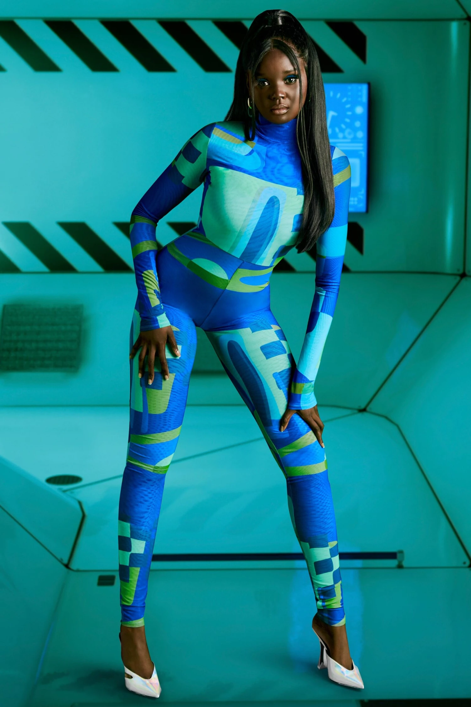 High Vibrations High Neck Long Sleeve Jumpsuit In Blue Print - Image 4