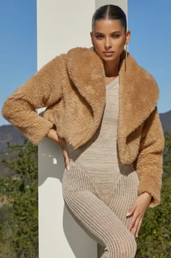 Cropped Oversized Collar Teddy Jacket In Tan