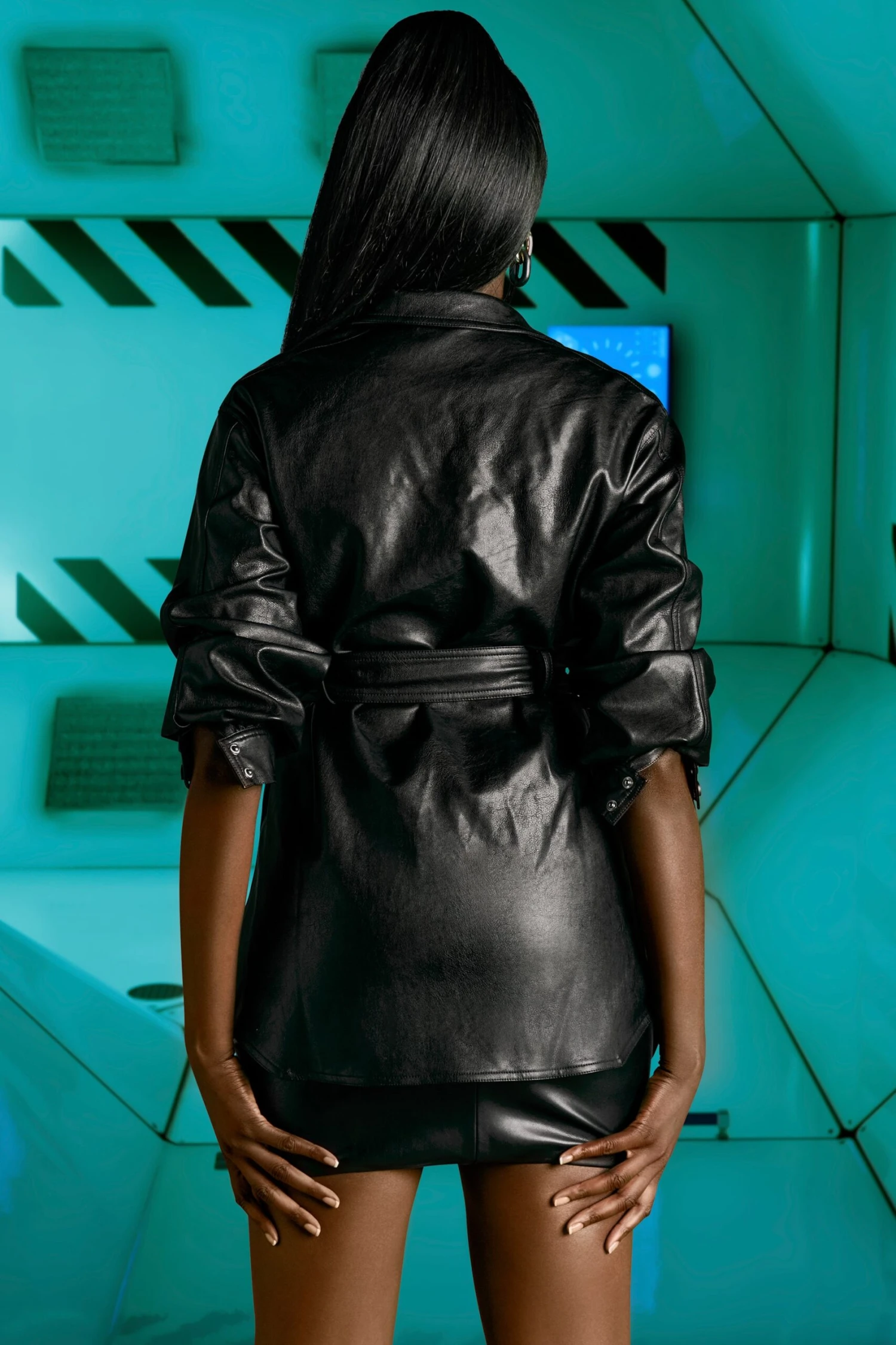 Faux Leather Belted Shacket In Black - Image 3