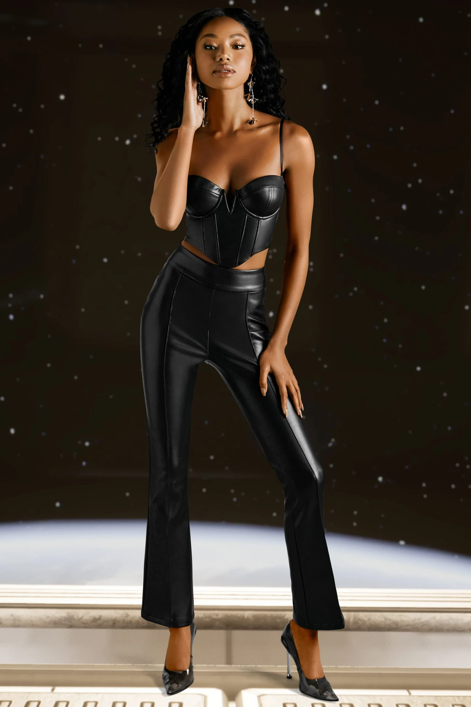 Faux Leather Flare Trousers In Black - Image 4