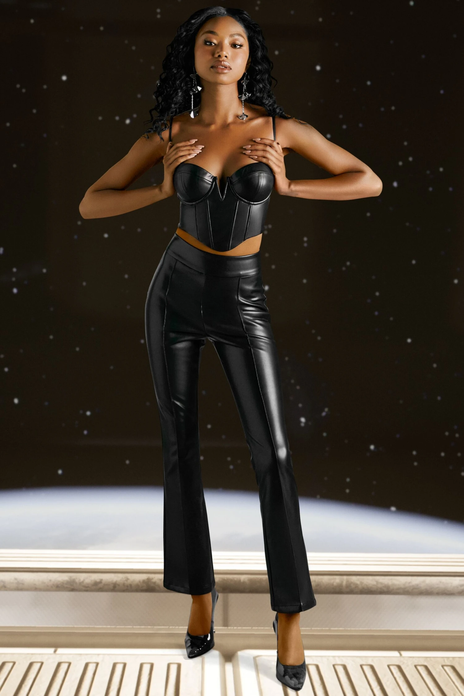 Faux Leather Flare Trousers In Black - Image 5