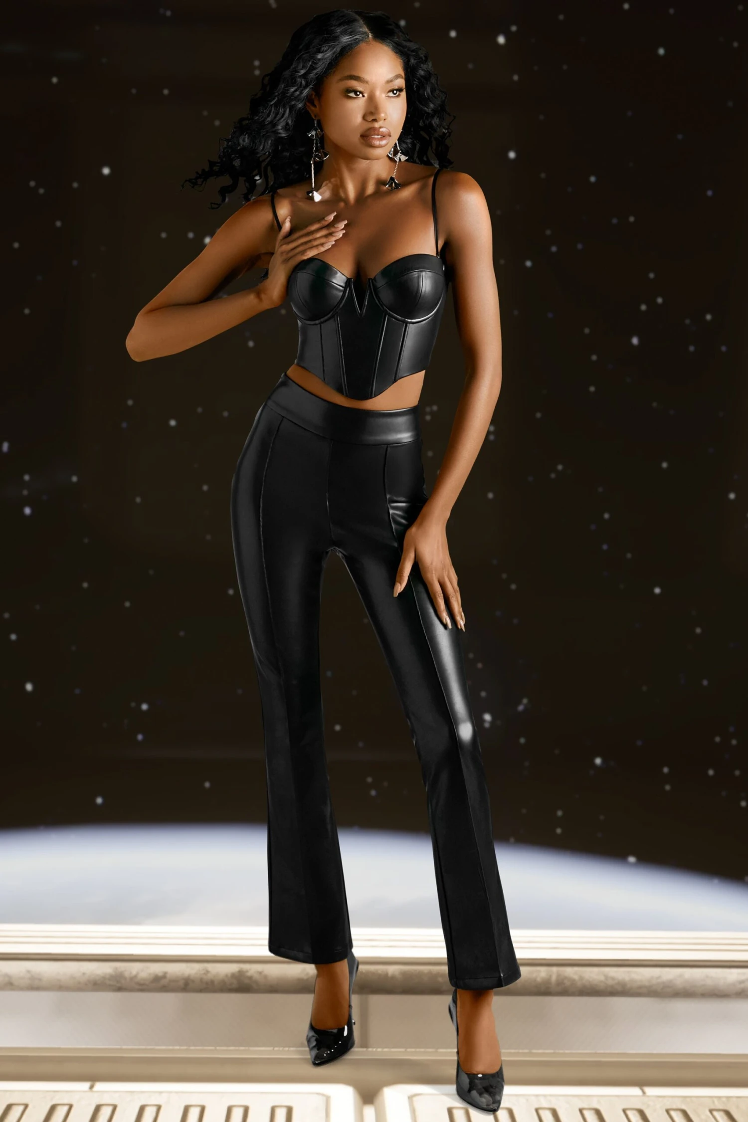 Faux Leather Flare Trousers In Black - Image 7