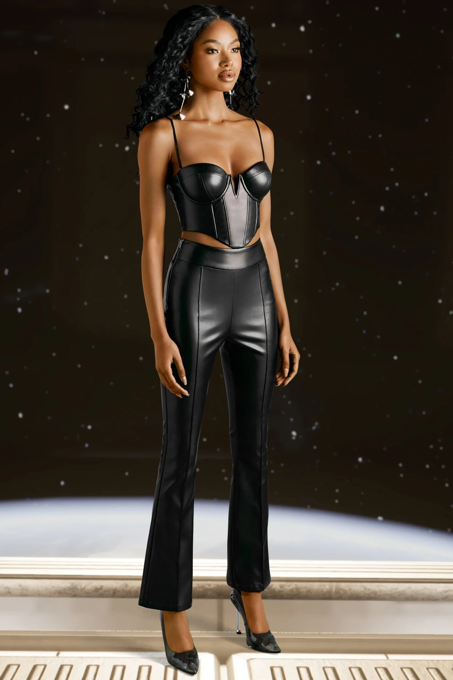 Faux Leather Flare Trousers In Black - Image 6