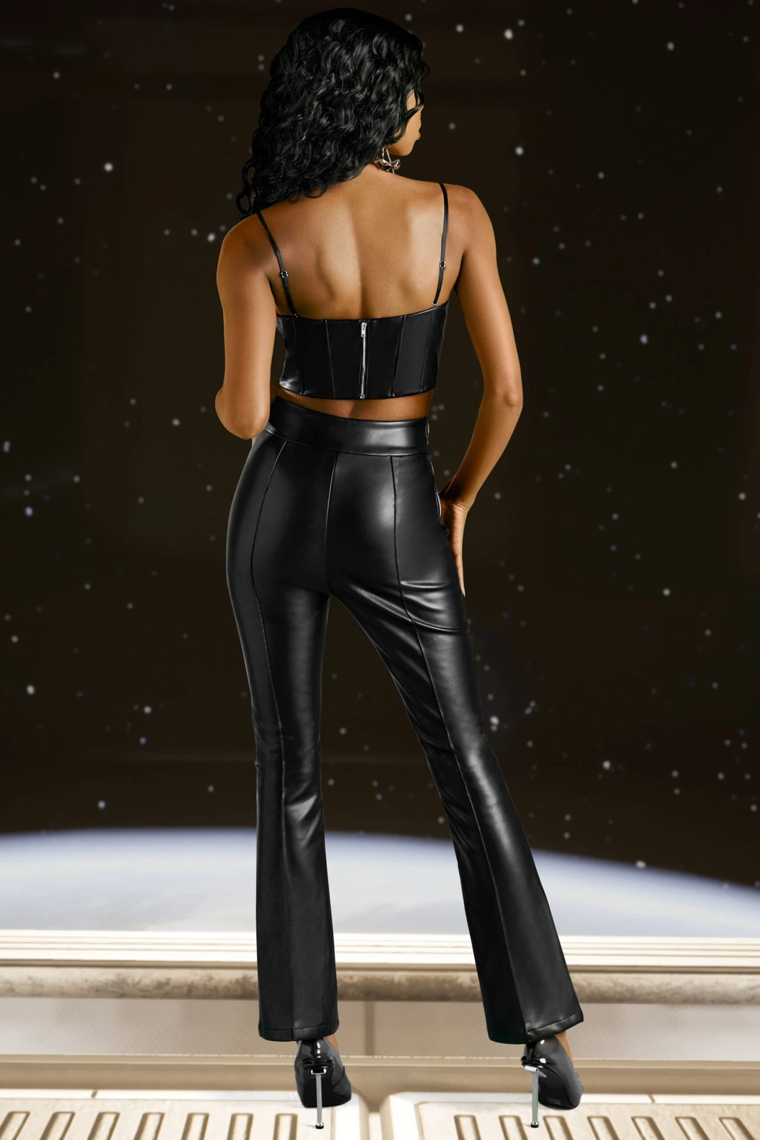 Faux Leather Flare Trousers In Black - Image 3