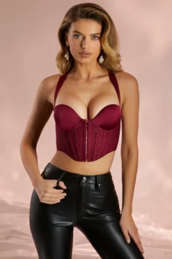 Satin Lace Corset Crop Top In Wine