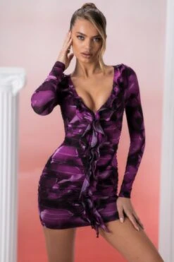 Long Sleeve Ruffle Detail Mini Dress In Multi Print