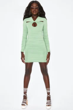 Long Sleeve Keyhole Mini Dress In Green