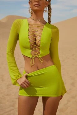 Lace Up Long Sleeve Crop Top In Lime