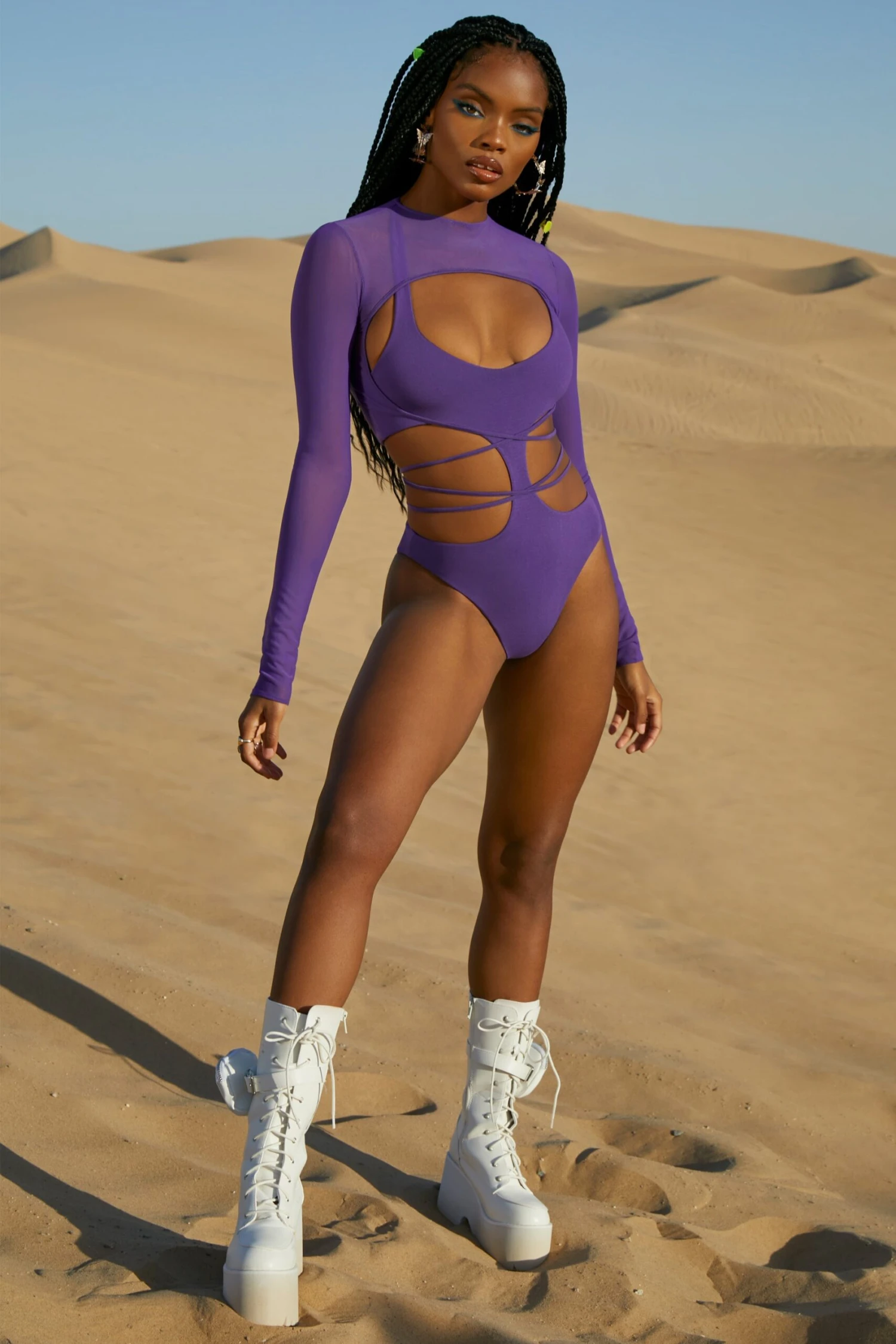 Mesh Cut Out Bodysuit In Purple - Image 6