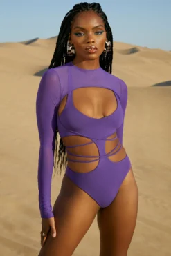 Mesh Cut Out Bodysuit In Purple