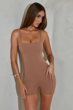 Square Neck Unitard In Tan