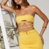 Cut Out Lace Up Mini Dress In Yellow