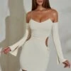 Ruched Cut Out Sides Long Sleeve Mini Dress In Ivory