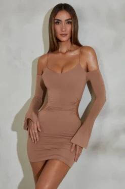 Ruched Cut Out Sides Long Sleeve Mini Dress In Tan