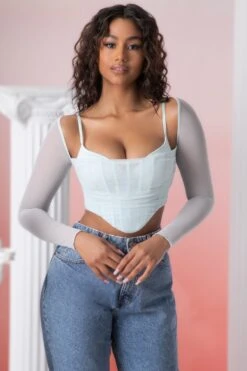 Long Sleeve Crop Top In Aqua