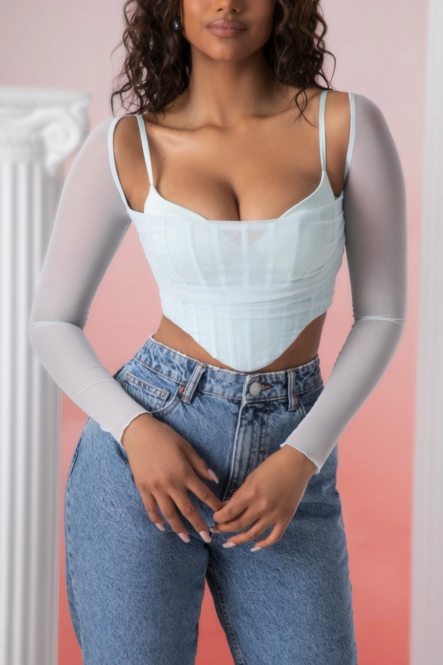 Long Sleeve Crop Top In Aqua - Image 4