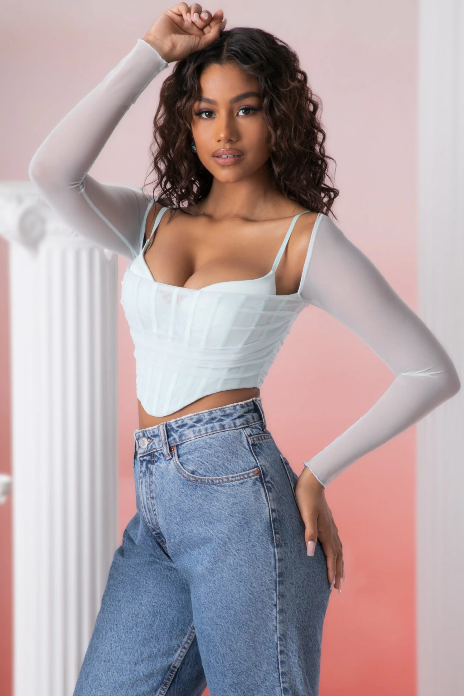 Long Sleeve Crop Top In Aqua - Image 3