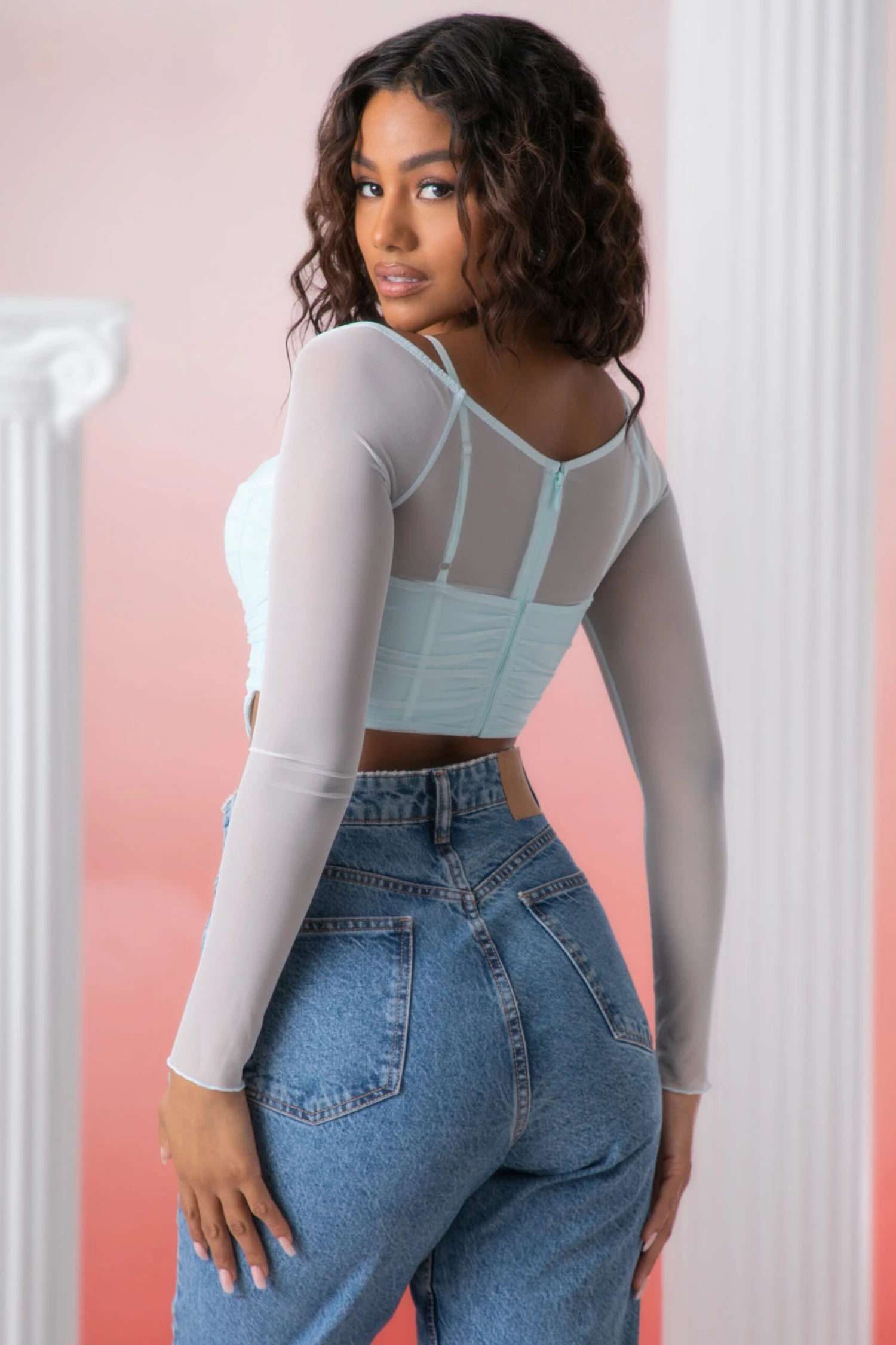 Long Sleeve Crop Top In Aqua - Image 7