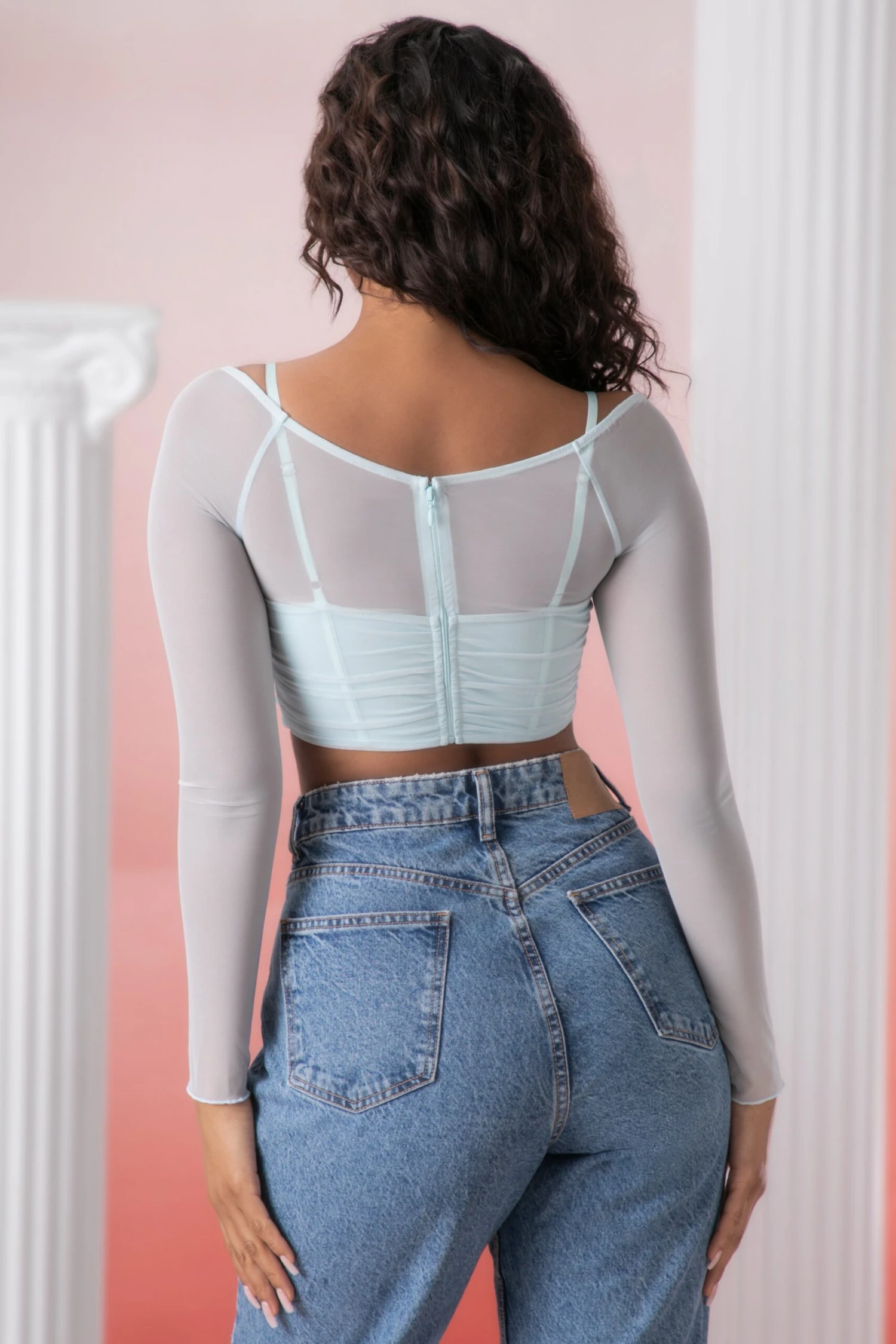 Long Sleeve Crop Top In Aqua - Image 2